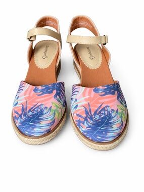 Baretraps Espadrille Wedge Sandals Tropical Leaf Ankle Strap 7.5